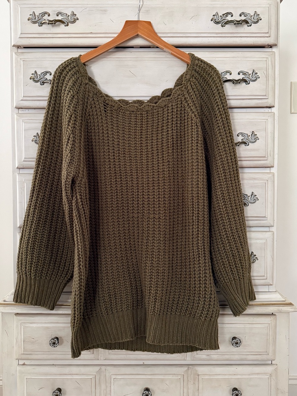 POL Olive Cotton Scallop Neckline Sweater